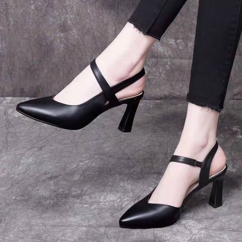 真皮凉鞋女鞋2021新款时装中跟尖头高跟包头时装凉鞋