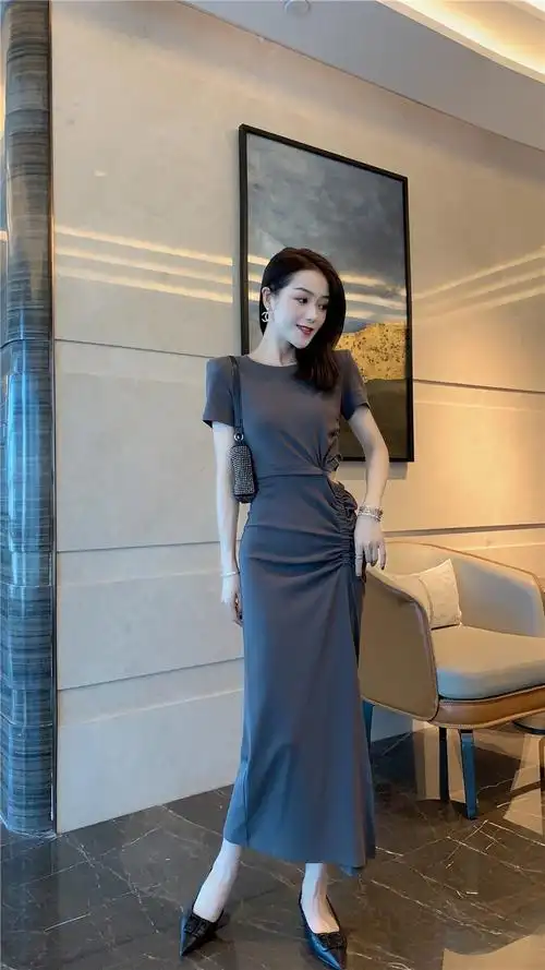 棉质显瘦开叉连体衣欧货2021年夏一步裙褶皱连衣裙女法式休闲收腰修身