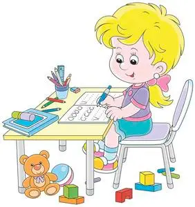 情侣文字小插图一个小女孩在作业本中做作业,作业样本为文字,卡通风格