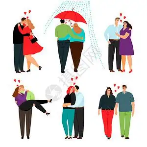 夫妻老人快乐的卡通小情侣与美丽的男女情侣相爱插画