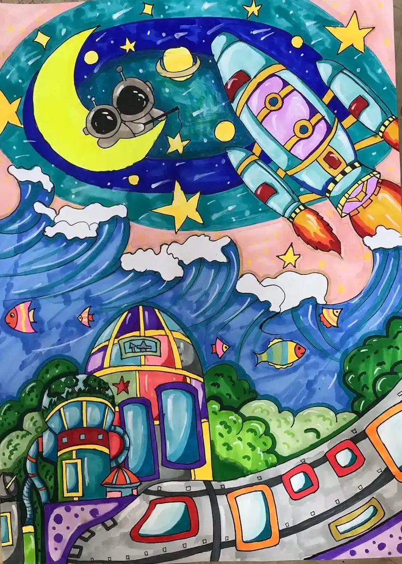 宇宙星球儿童画  #一等奖科幻画#科幻太 - 抖音