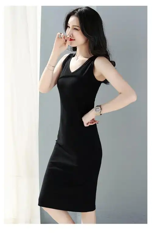 露背内搭打底背心裙v领修身一步裙设计感d吊带连衣裙女夏 太平黑色鸟