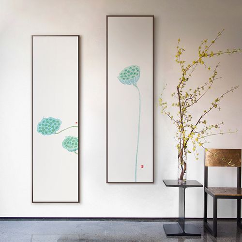 半庭x李戈晔 新中式竖长条玄关装饰画极简禅意莲蓬客厅挂画实木框
