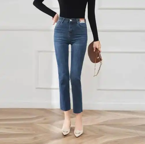 不掉色 显高显瘦显腿直 牛仔裤女高腰八分九