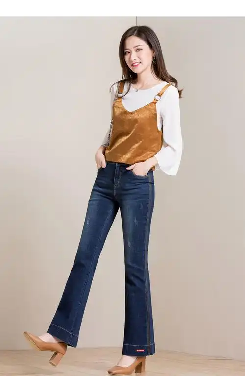 梦舒雅女裤2018秋季新品中腰弹力微喇牛仔裤女长裤喇叭裤大码宽松裤子