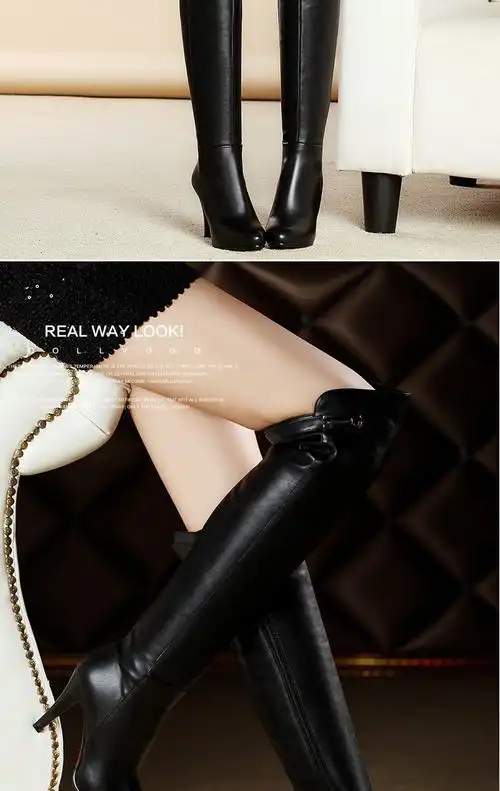 女式真皮过膝细高跟长筒靴女靴子新款长靴防水台高筒靴妈妈靴旅游靴