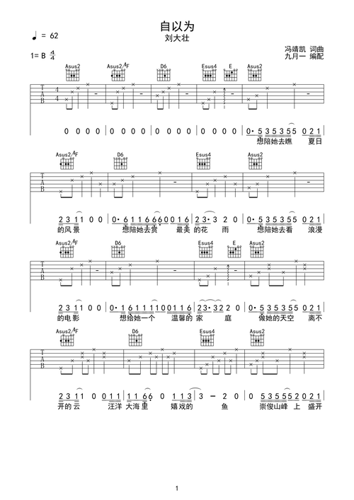 自以为-刘大壮 完美原版吉他谱b调六线吉他谱-虫虫吉他谱免费下载