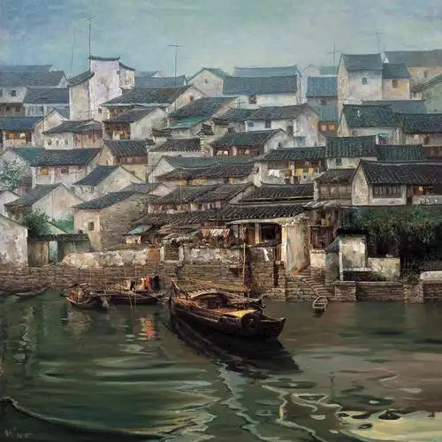 0027水乡小镇布面油画