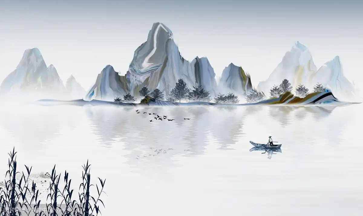 手绘中国风蓝色意境山水画