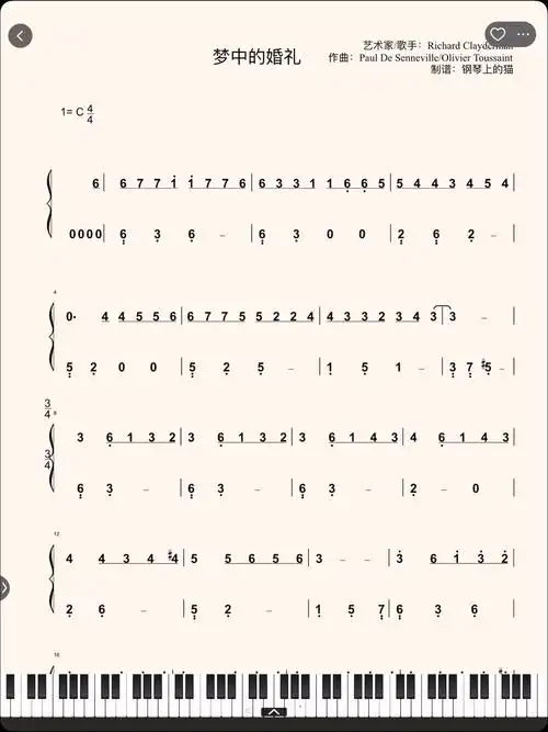 《梦中的婚礼》钢琴简谱双手c调简易版