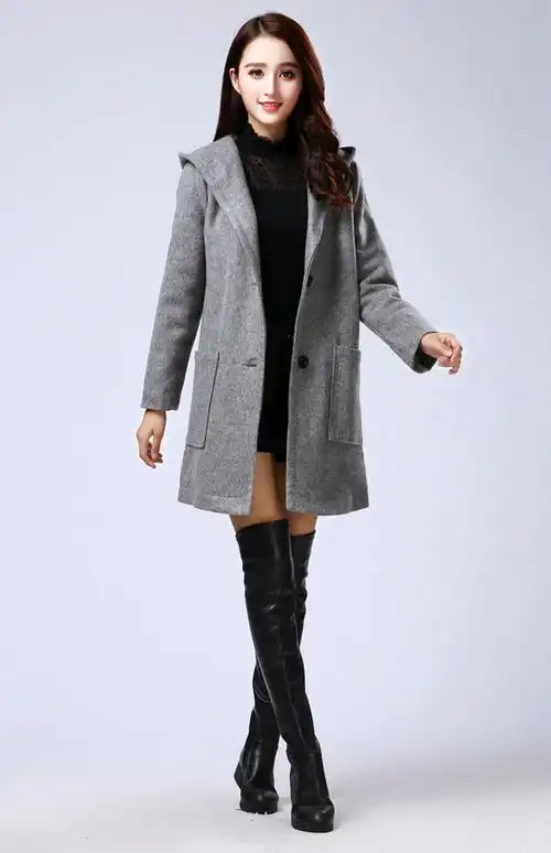 毛呢外套女中长款修身2017秋冬女装新款韩版大码连帽呢子大衣冬