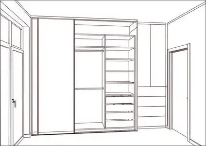 3d 矢量草图.室内有滑动门的空衣柜照片
