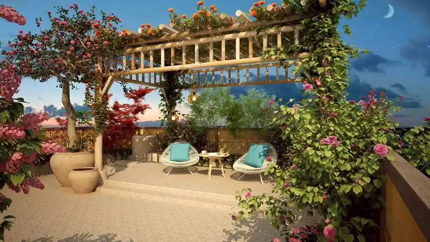 很漂亮的楼顶花园 带花藤花架和飞舞的蝴蝶