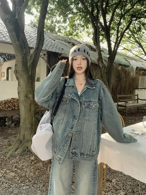 实拍~复古色牛仔外套女韩版宽松秋新韩系时髦上衣百搭牛仔衣 - 17网