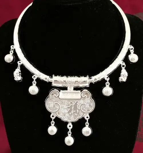 snqp_s银项圈银锁男女宝宝婴儿复古长命锁满月周岁银礼 53克活泼可爱