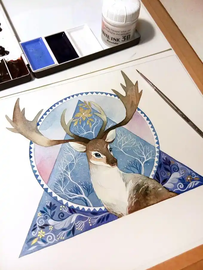 水彩插画:漂亮的梅花鹿