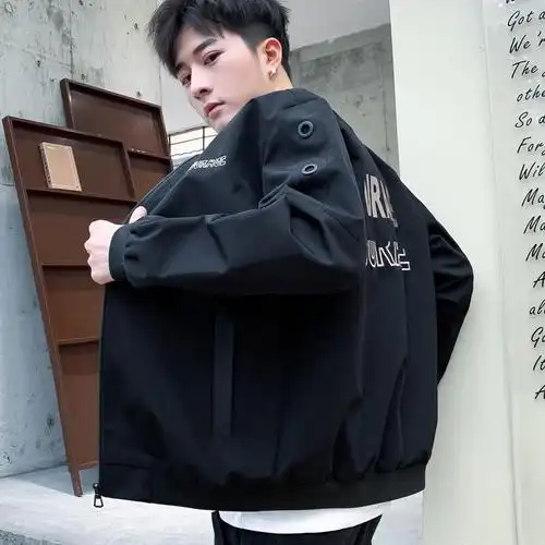 春装20早春开春薄款夹克外套韩版潮型男穿搭潮男衣服暗黑系男装黑色