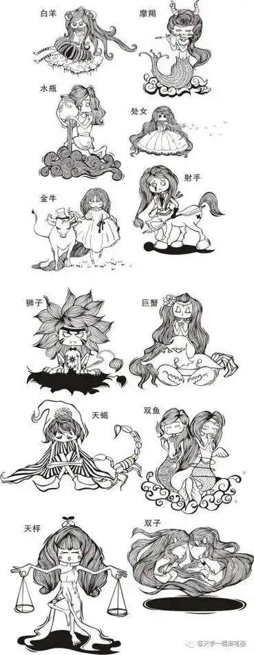 十二星座简笔画古风萌女孩