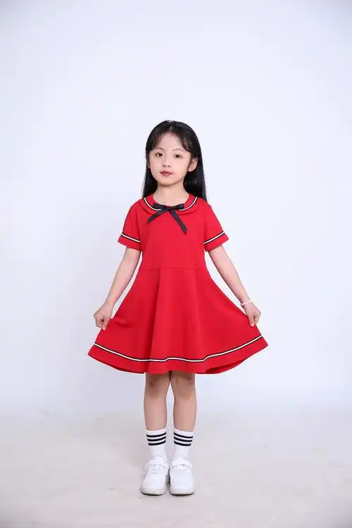 女童连衣裙夏季新品针织学院风裙子红色洋气夏装薄款演出服公主裙