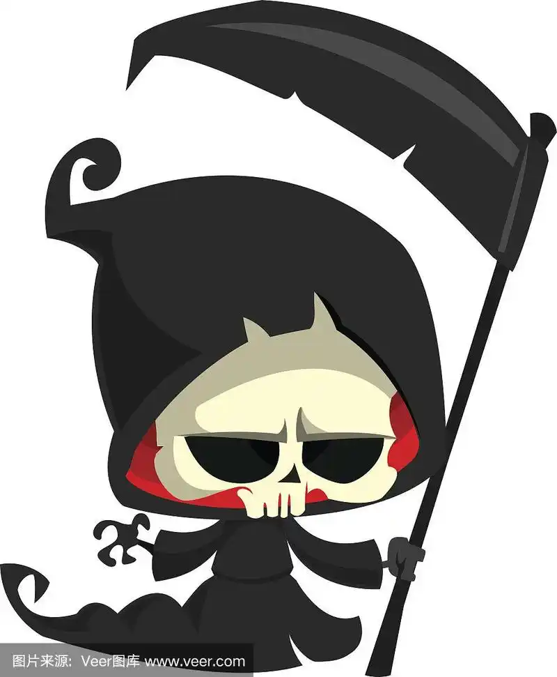 可爱的卡通死神与镰刀孤立在白色.