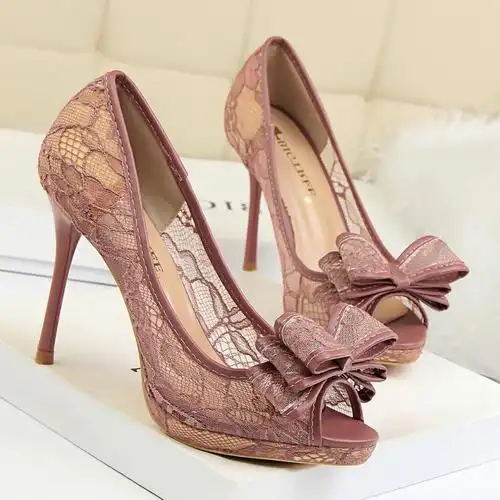 夏季欧美性感夜店蕾丝女鞋细跟高跟浅口鱼嘴镂空网状蝴蝶结单鞋女