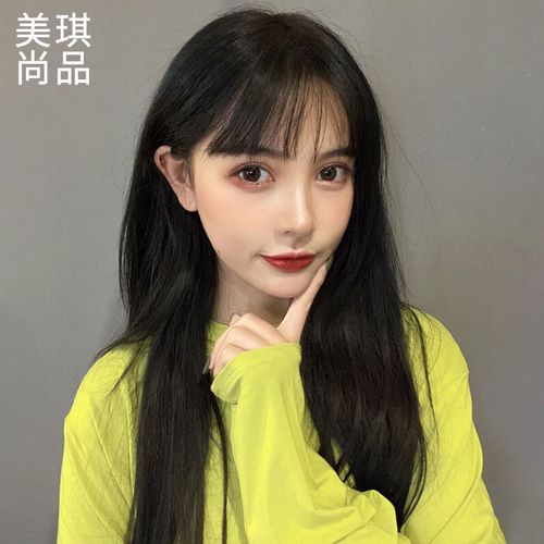 假发女长发空气刘海长直发真人发丝网红自然全头套式黑长直假发套