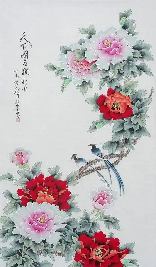 石开四尺竖幅牡丹雄鸡图《富贵吉祥》(作品来源:易从网)   ②牡丹