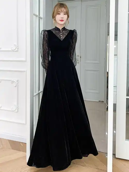 黑色晚礼服女2022秋冬新款主持人年会丝绒大码日常可穿长袖礼服
