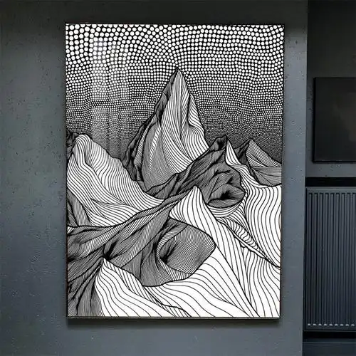 现代简约新中式抽象几何山峰线条圆点黑白艺术装饰画芯图片素材