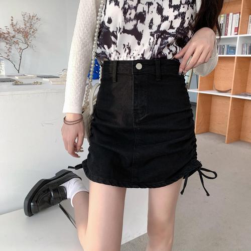 大码黑色牛仔裙半身裙女夏季新款小个子高腰抽绳a字包裙包臀女装