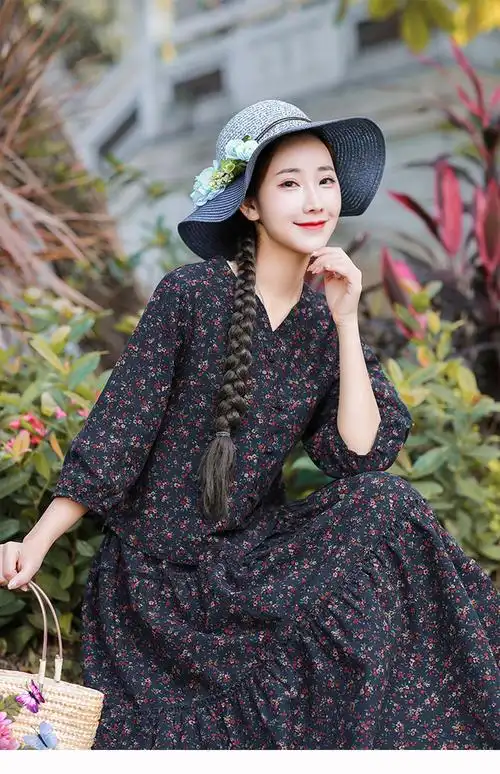 pdd8585民族风女装中式服装复古棉麻裙子套装两件套洋气女春夏碎花