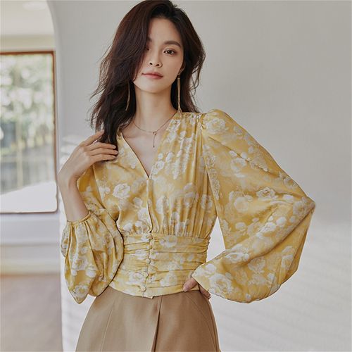 罗衣魔衣春装复古宫廷风衬衫淑女印花衬衣褶皱上衣