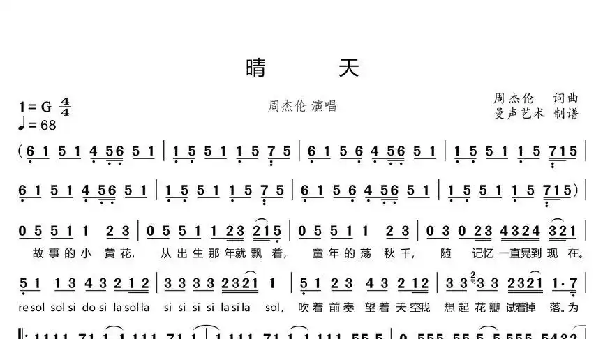 周杰伦《晴天》数字简谱歌谱