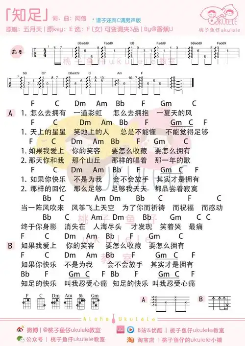 五月天林俊杰知足尤克里里弹唱指弹教学