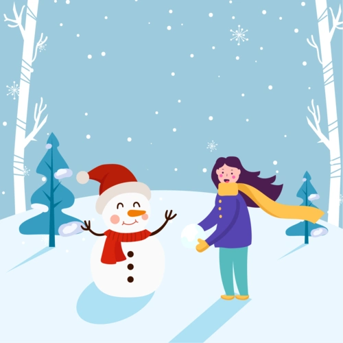 冬季风景蓝色卡通手绘女孩在堆雪人