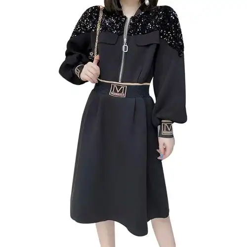 收腰短款欧货流行时尚连衣裙欧洲站2021春季女装显瘦拉链长袖新款