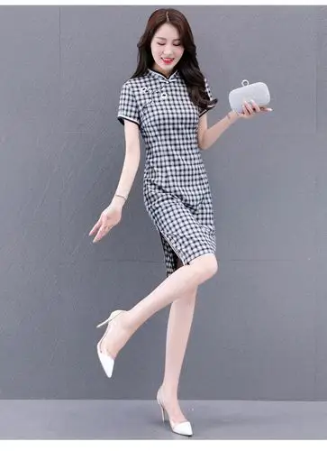 恒源祥同款格子旗袍连衣裙女夏季2020新款洋气修身复古时尚开叉包臀a