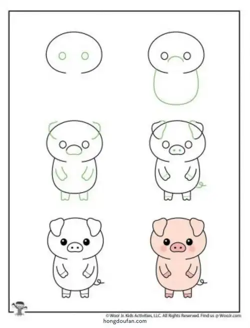 用圆形一步一步画粉红色小猪小猪手绘简笔画大全
