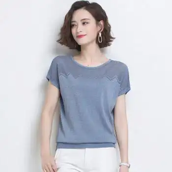 高档女装夏装年新款夏季薄款中年上衣半袖冰丝针织衫蓝色m