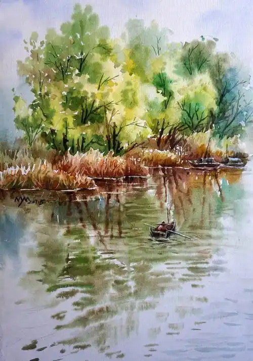 美丽乡村水彩画水乡水彩风景画