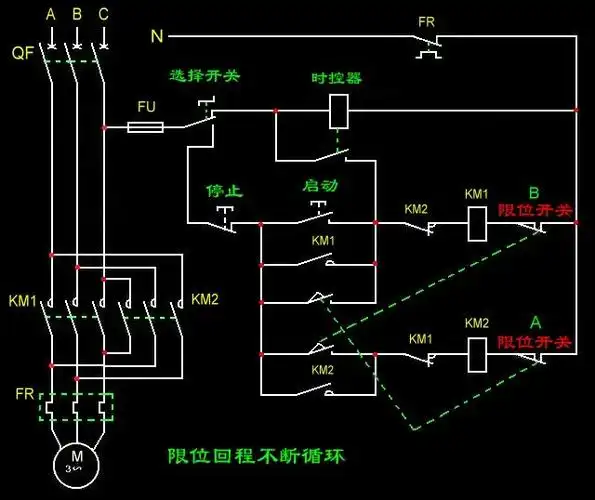 三相四线电源,接220v交流接触器220时控器加热保护,输出三相电机,求