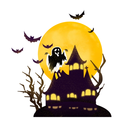 手绘万圣节鬼怪城堡蝙蝠枯树枝元素设计