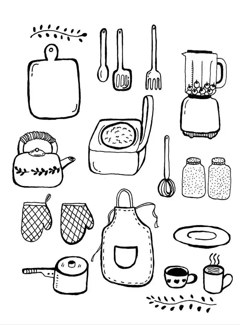 厨房里的小物件简笔 画一些厨房里的小物件,水壶,破壁机,茶杯,盘子