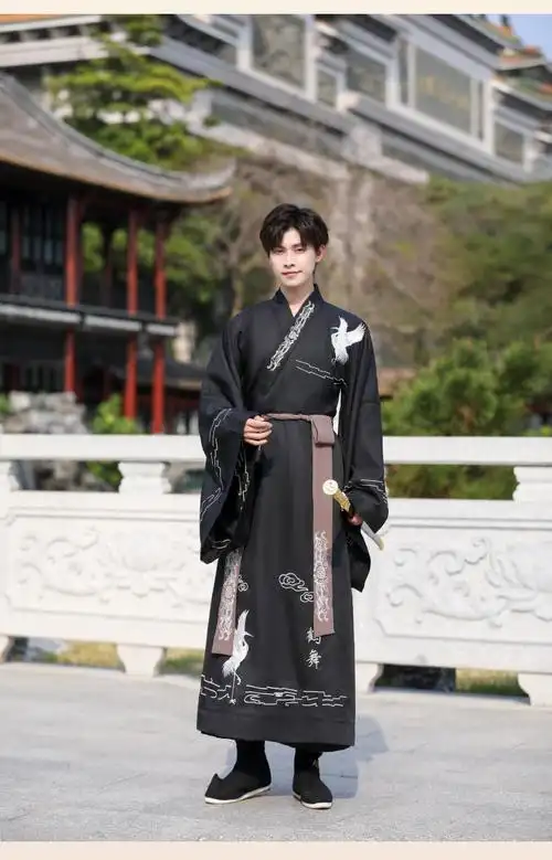 原创男古装广袖大袖衫直裾魏晋风男学生毕业古装套装男朗诵 直裾 腰封