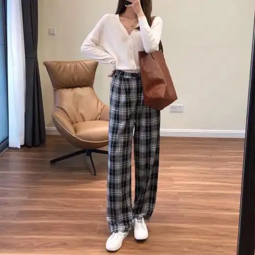 2021秋季新款韩版黑白格纹褶皱垂感小格子拖地长裤显瘦女装裤子夏季无