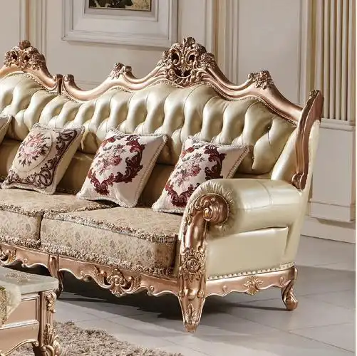 香槟金色/白色经典豪华l型沙发套装客厅真皮实木框架沙发 - buy sofas