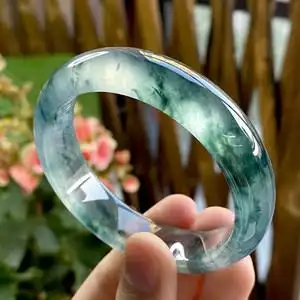 缅甸冰阳绿翡翠飘花玉手镯 冰紫飘绿翡翠手环 冰飘辣绿色翡翠玉镯天然