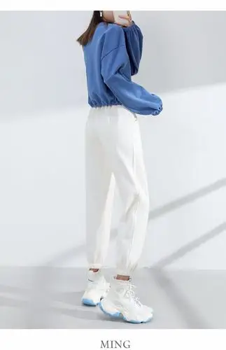 白色运动裤女宽松束脚束口2021春季卫裤显瘦裤子小个子休闲裤