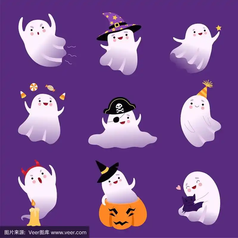 可爱的飞行幽灵收集,可爱的万圣节幽灵角色矢量插图