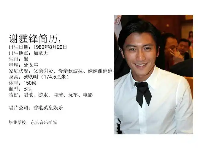 谢霆锋简历: 出生日期:1980年8月29日 出生地点:加拿大 生肖:猴 星座